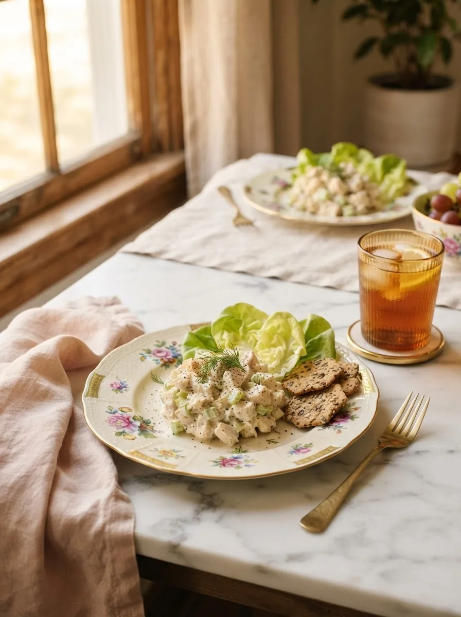 Round swamp chicken salad served with butter lettuce and crackers on a summer table setting