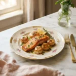 Golden seared salmon and scallops recipe with garlic butter lemon sauce on a floral plate