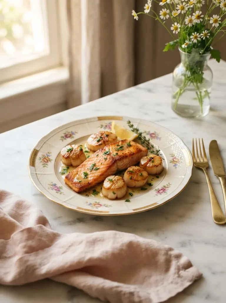 Golden seared salmon and scallops recipe with garlic butter lemon sauce on a floral plate