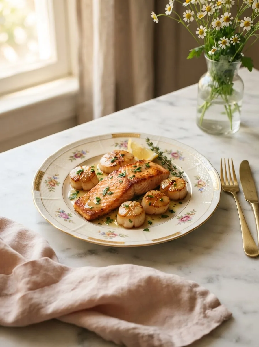 Golden seared salmon and scallops recipe with garlic butter lemon sauce on a floral plate