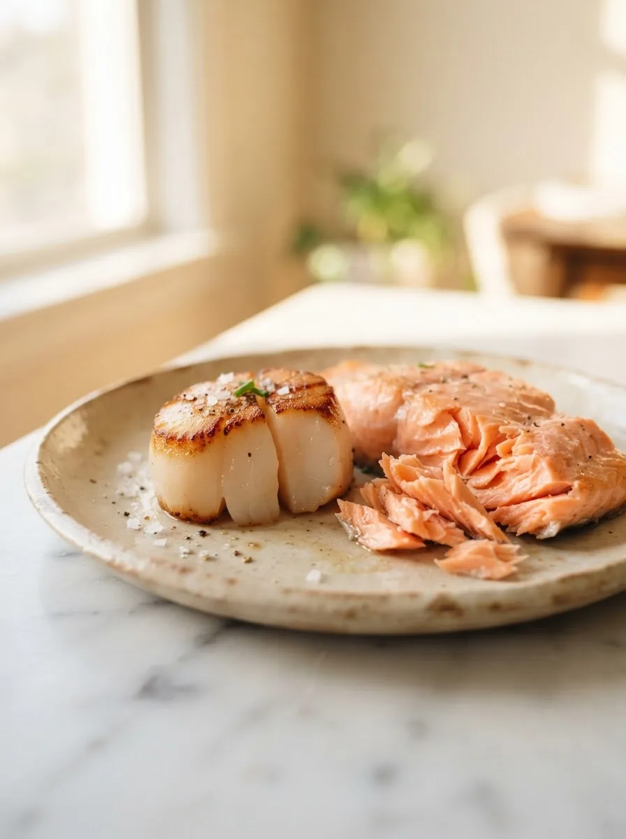 Cross-section of caramelized scallop and flaked salmon showing tender centers