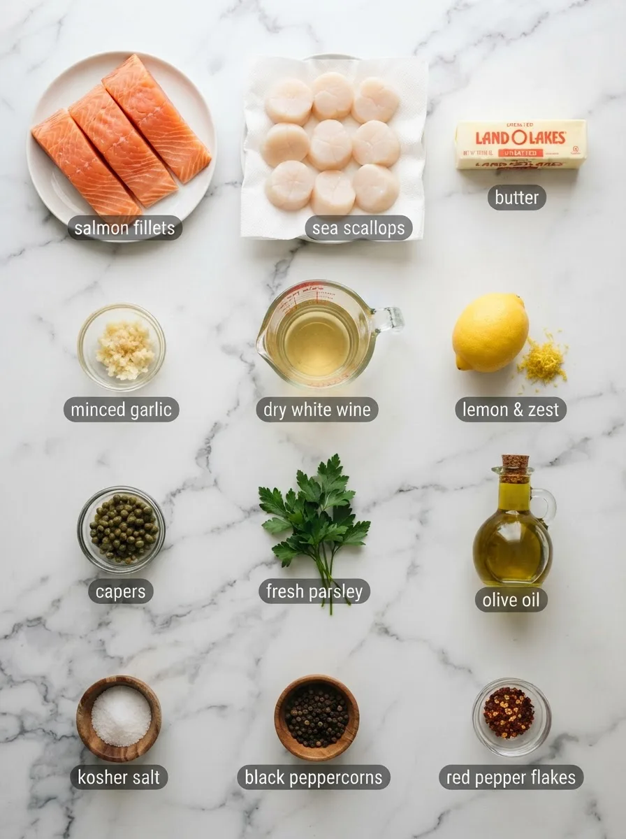 Ingredients for salmon and scallops recipe including salmon fillets, sea scallops, and butter