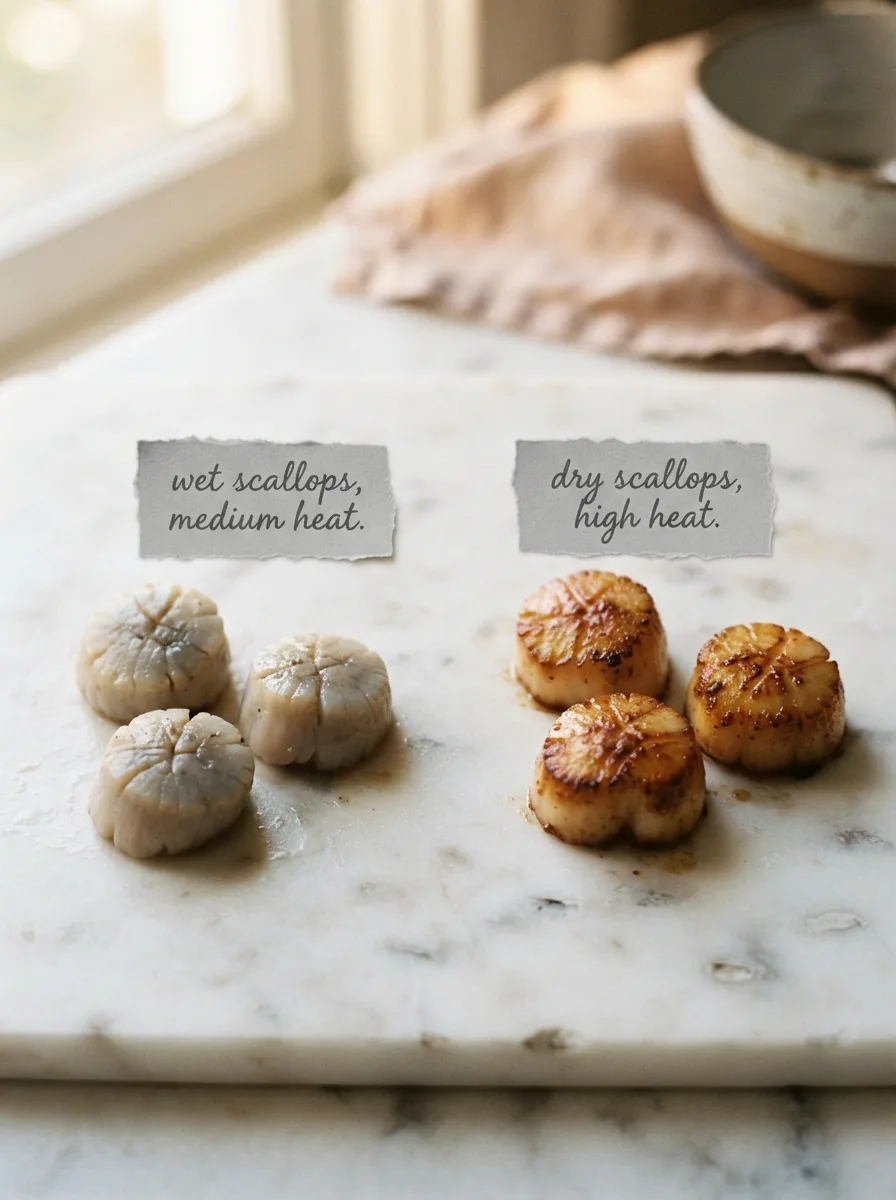 Comparison of wet steamed scallops versus dry golden seared scallops