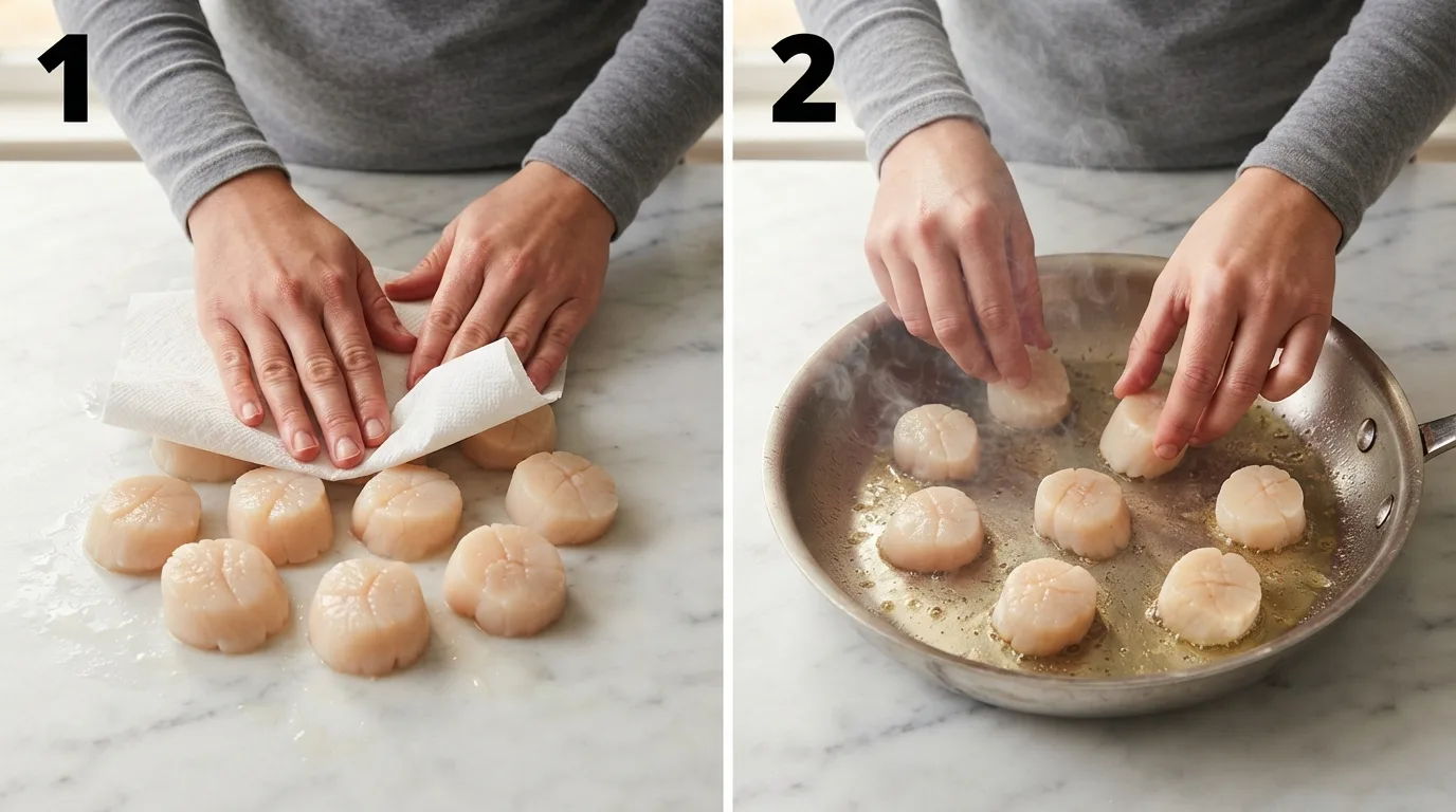Patting sea scallops completely dry with paper towels before searing / Placing dry sea scallops flat-side down into a hot skillet spaced apart