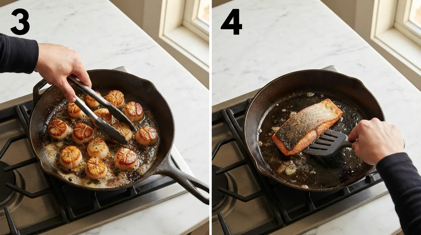 Flipping seared scallops with tongs to finish the second side / Pressing a skin-on salmon fillet into a hot skillet to crisp the skin