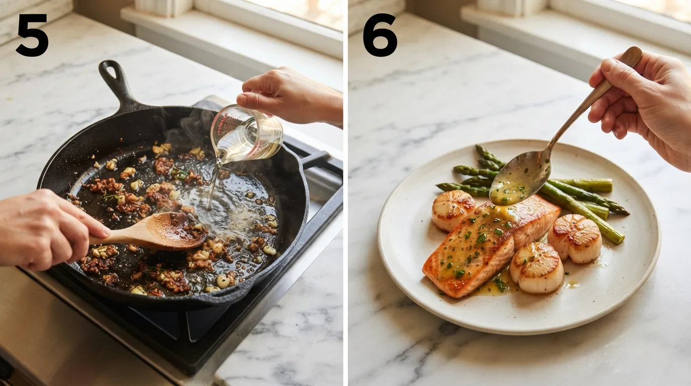 Deglazing the skillet with white wine to build garlic butter lemon sauce / Spooning garlic butter lemon sauce over plated salmon and scallops