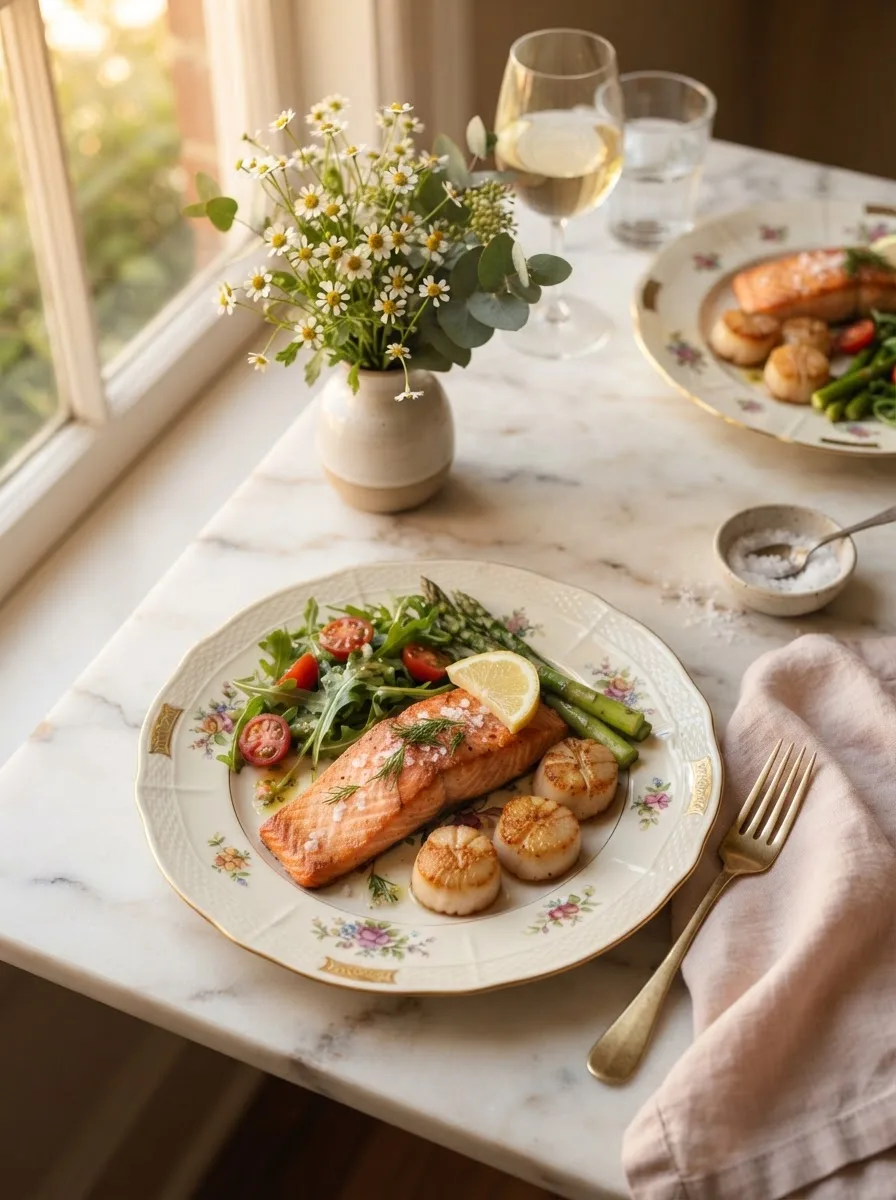 Salmon and scallops recipe styled on a table with garlic butter sauce and fresh herbs