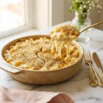 Golden baked saltgrass macaroni and cheese with a cheese pull lifted on a gold serving spoon