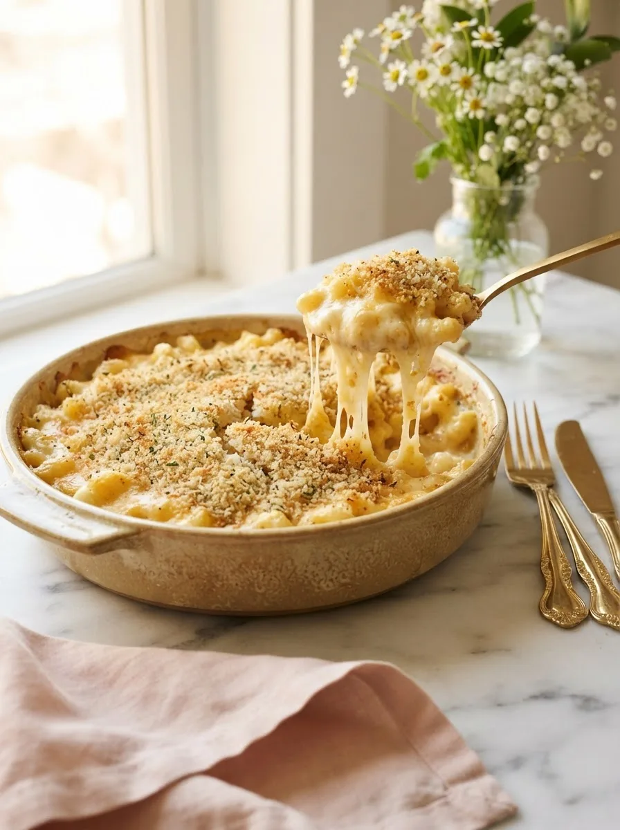 Golden baked saltgrass macaroni and cheese with a cheese pull lifted on a gold serving spoon