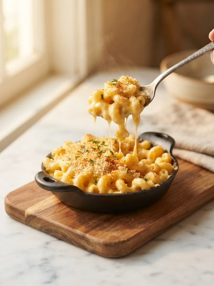 Spoonful of creamy saltgrass macaroni and cheese showing sauce coating each noodle