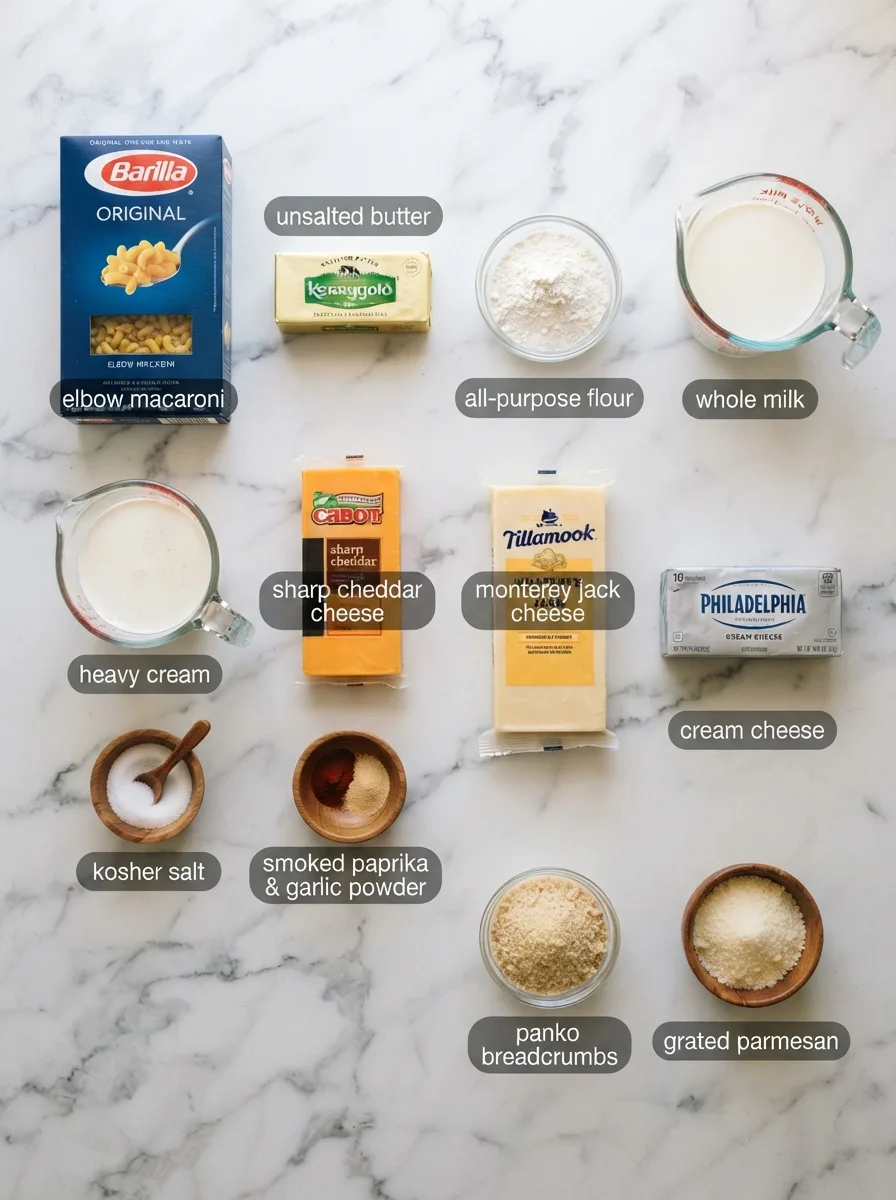 Ingredients for saltgrass macaroni and cheese including cheddar, Monterey Jack, and panko