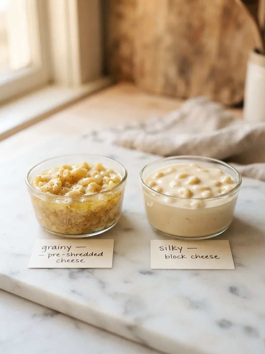 Side-by-side comparison of grainy versus silky baked macaroni and cheese sauce