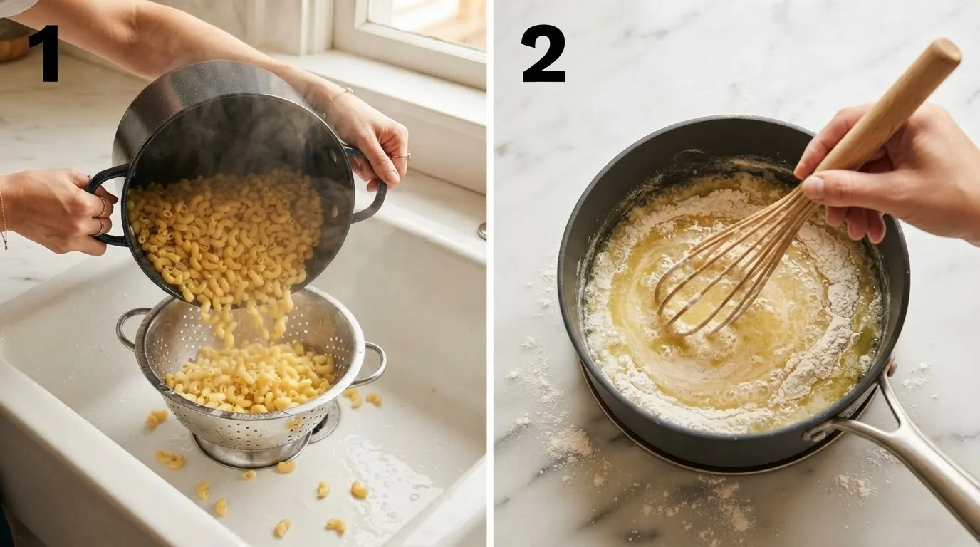 Draining cooked elbow macaroni into a colander with steam rising / Whisking butter and flour into a pale golden roux in a saucepan