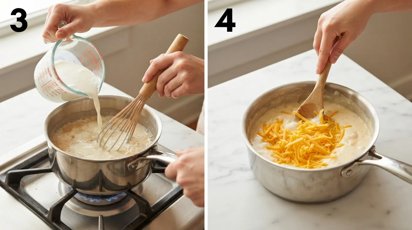 Pouring milk into a saucepan of roux while whisking continuously / Stirring shredded cheddar into thickened cream sauce off the heat