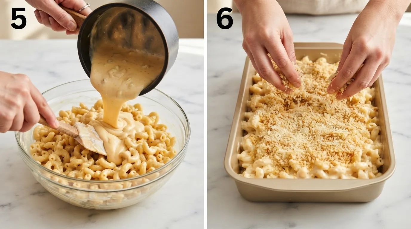 Folding creamy cheese sauce into cooked macaroni in a glass bowl / Sprinkling buttery panko topping over unbaked macaroni and cheese