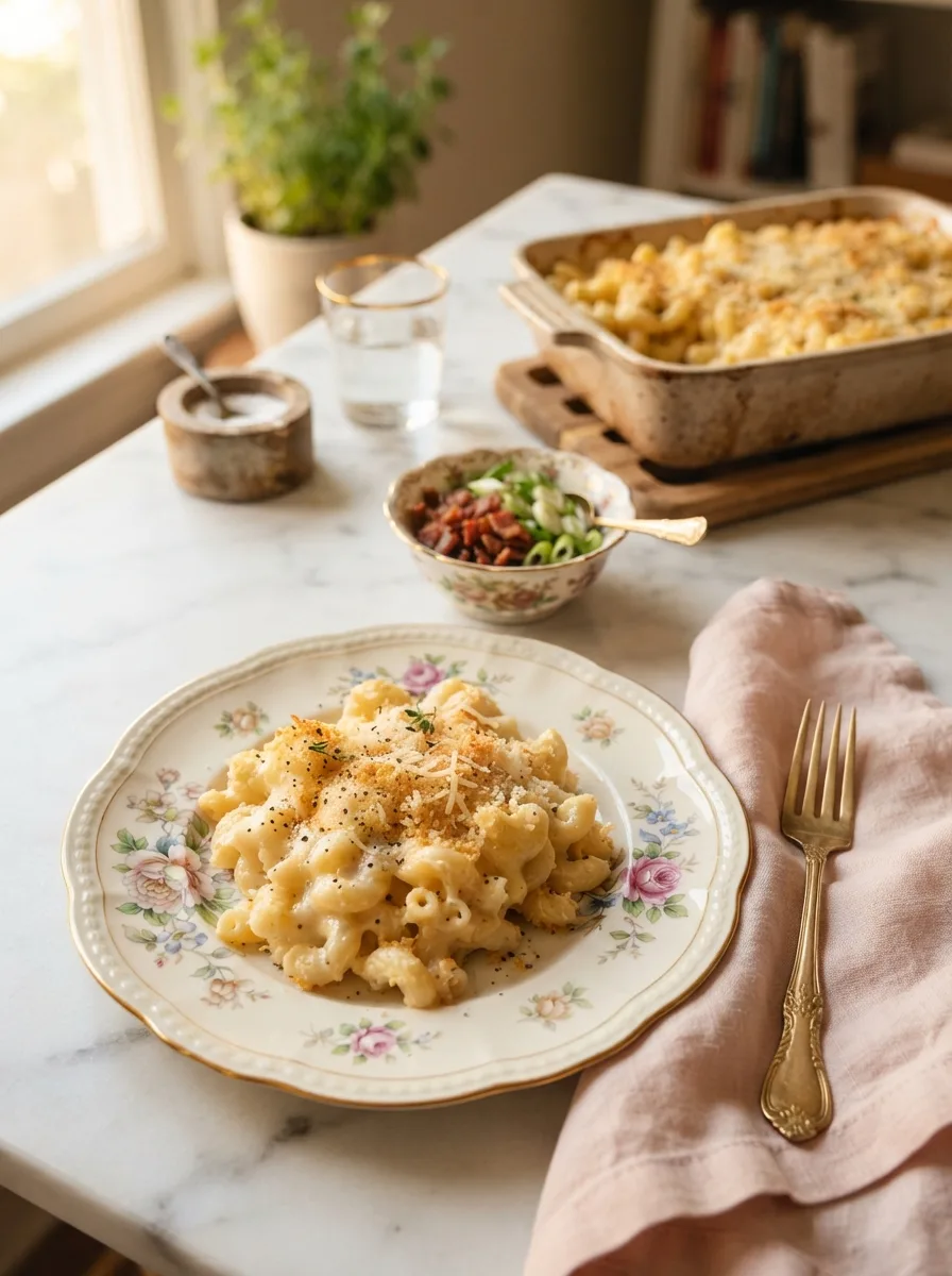 Plated saltgrass macaroni and cheese topped with bacon bits and green onion