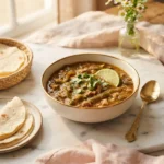 Bowl of foolproof Santiago's green chili topped with cilantro and served with warm tortillas