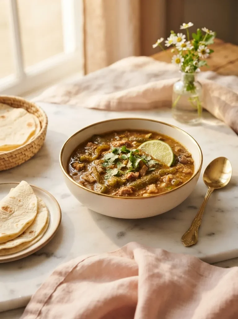 Bowl of foolproof Santiago's green chili topped with cilantro and served with warm tortillas