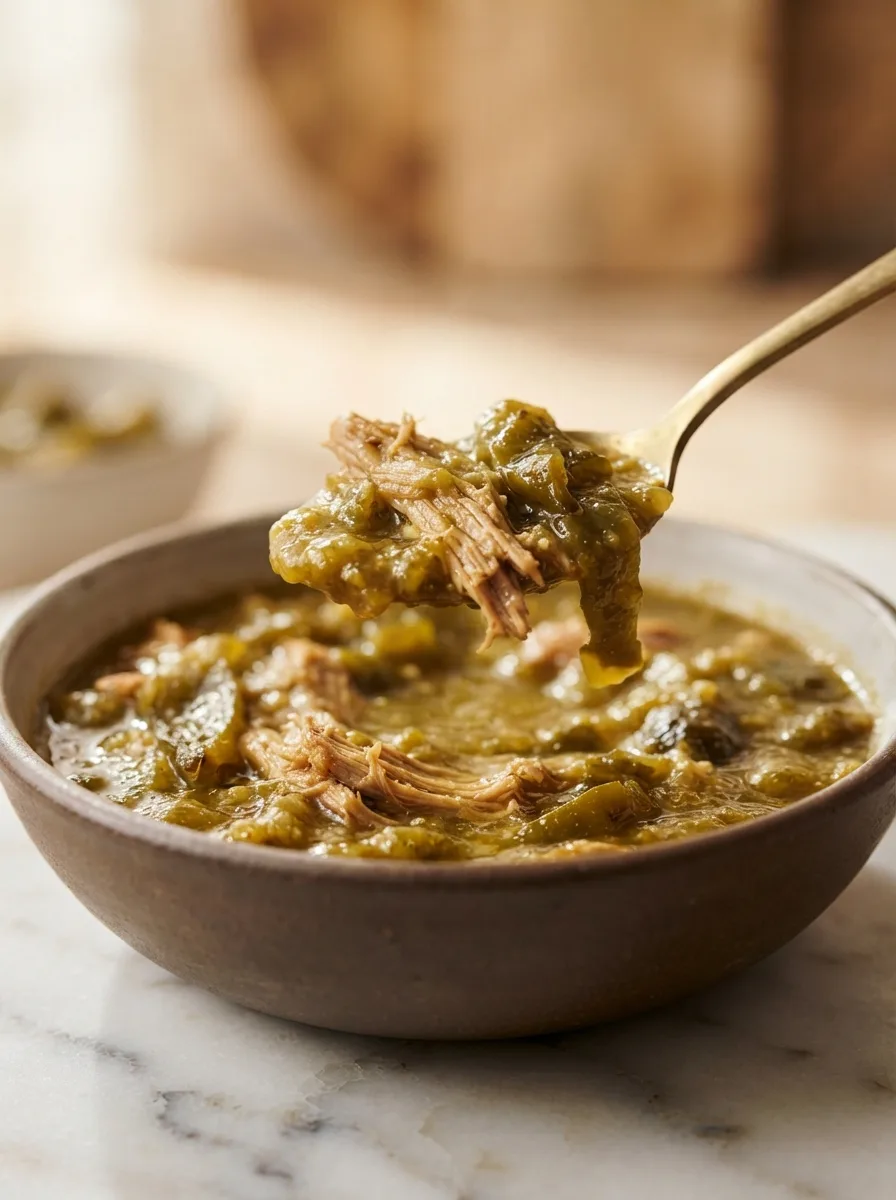 Spoon lifting thick pork and roasted green chile chili showing tender texture