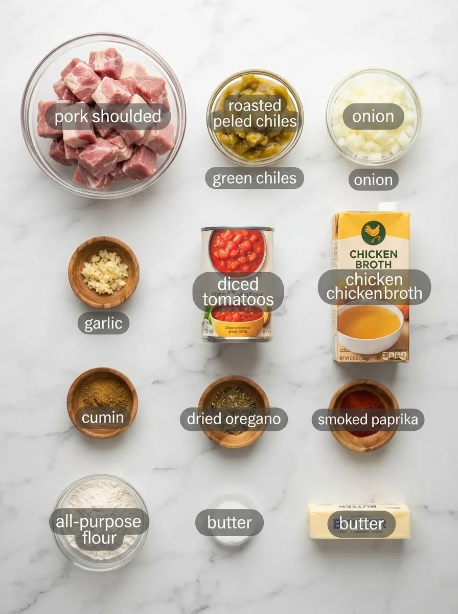Ingredients for santiago's green chili recipe arranged on marble, including pork and roasted chiles