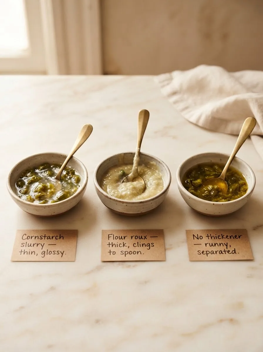 Three bowls comparing green chili thickness — roux, cornstarch, and no thickener