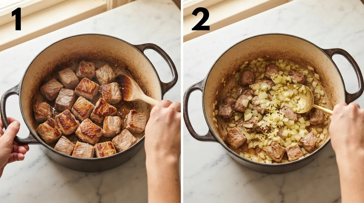 Searing cubed pork shoulder in a Dutch oven until golden brown / Sautéing onion and garlic in the same pot after searing pork