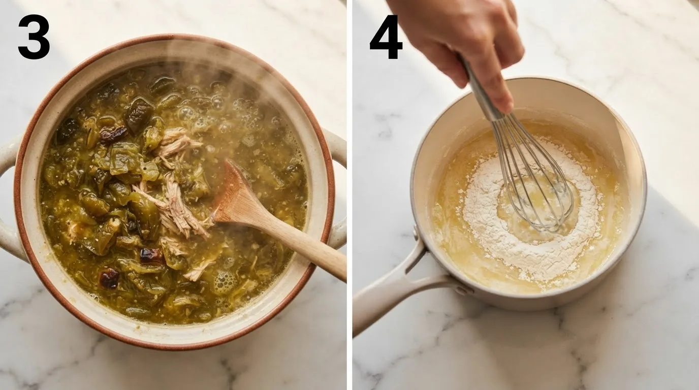 Pork and roasted green chile chili simmering in a Dutch oven / Whisking flour into butter to make a roux for thickening chili