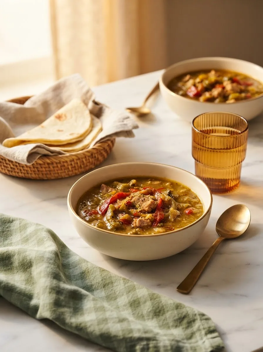 Santiago's green chili served with flour tortillas at a warm table setting