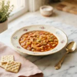 Thick foolproof Smithfields brunswick stew with shredded chicken, corn, and potatoes in a bowl