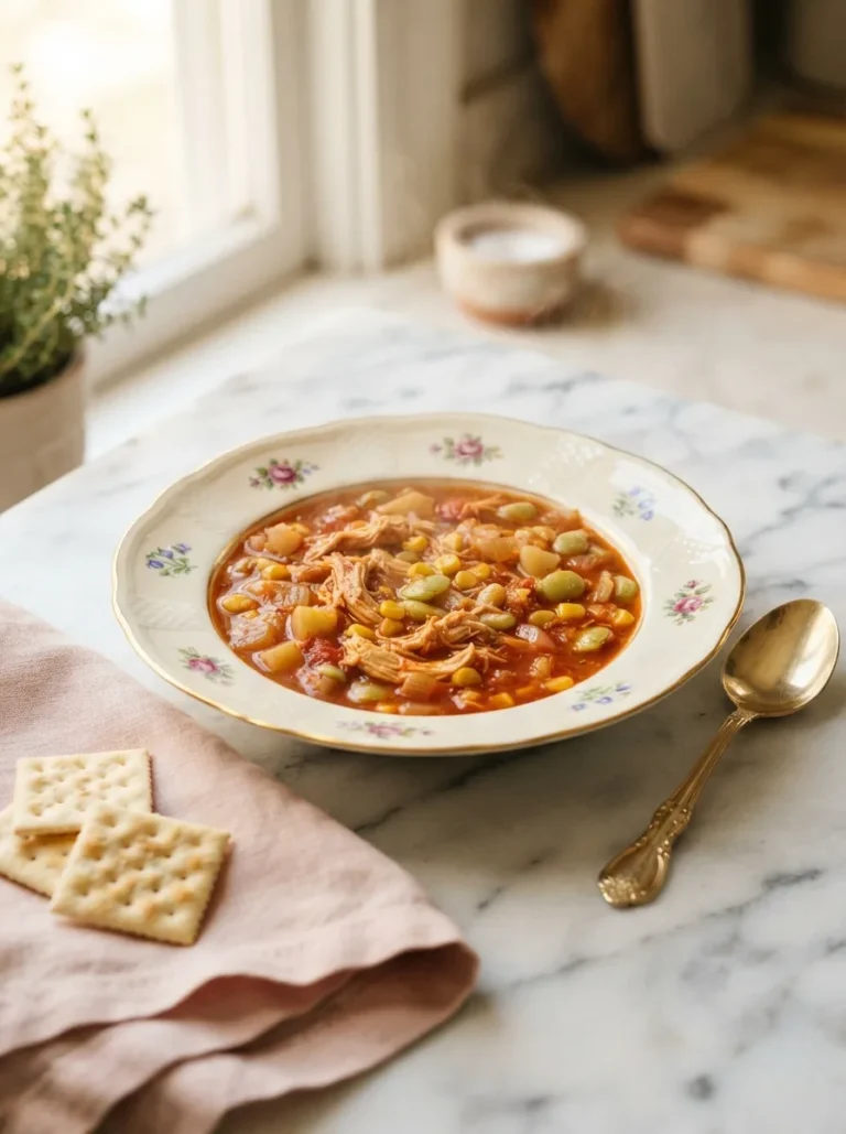 Thick foolproof Smithfields brunswick stew with shredded chicken, corn, and potatoes in a bowl