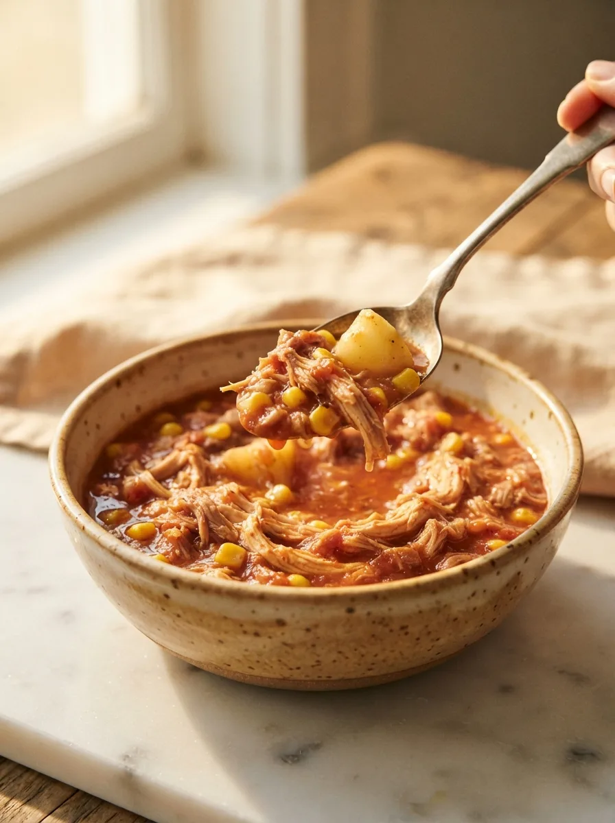 Spoonful of thick brunswick stew showing shredded chicken and pork clinging to the broth