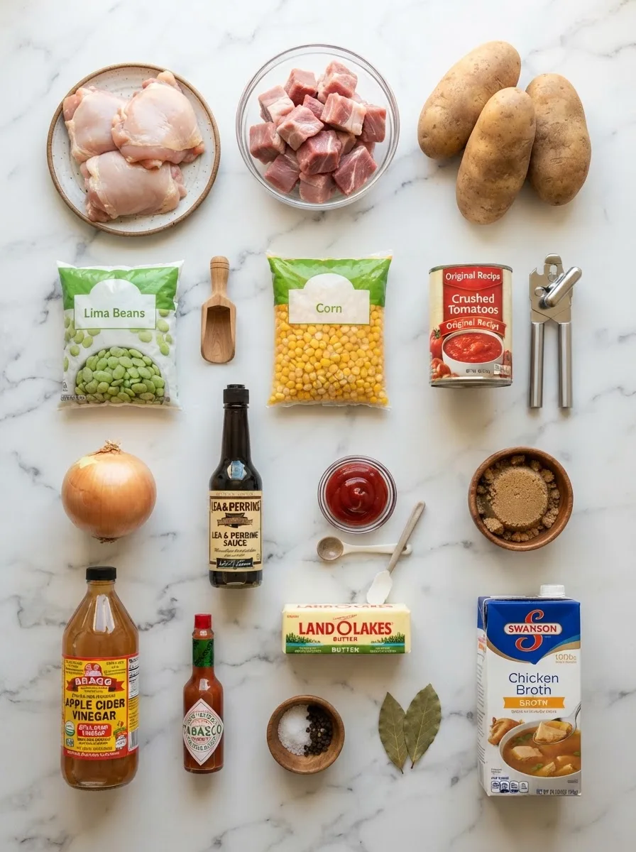 Ingredients for smithfields brunswick stew recipe measured into bowls on marble