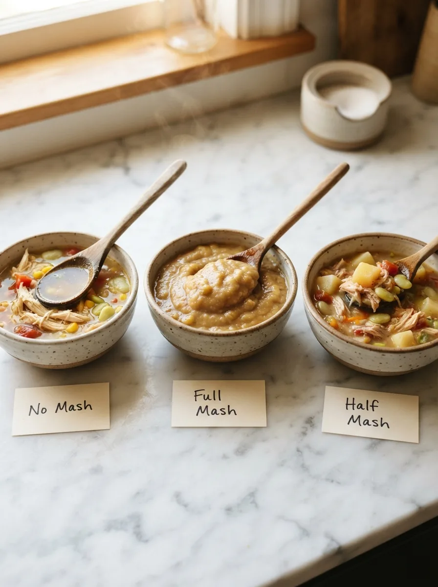 Brunswick stew thickness comparison — no mash versus full mash versus half mash