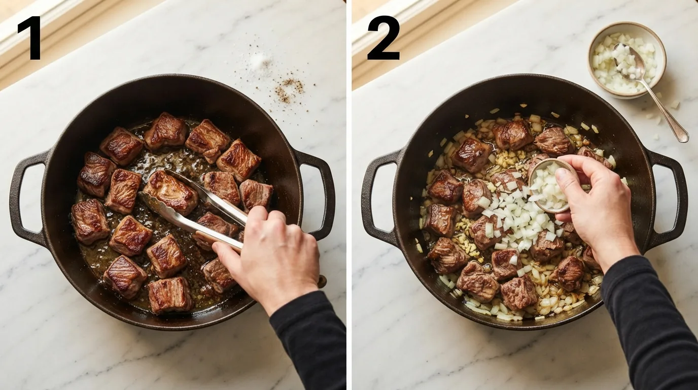 Browning pork shoulder cubes in a Dutch oven for brunswick stew / Sautéing diced onion in the same pot until translucent