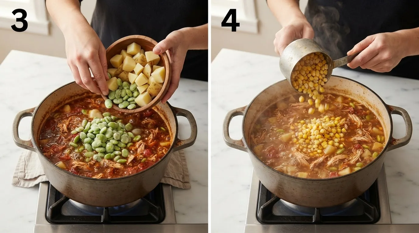 Adding diced potatoes and lima beans to simmering brunswick stew / Pouring frozen corn kernels into the pot of brunswick stew