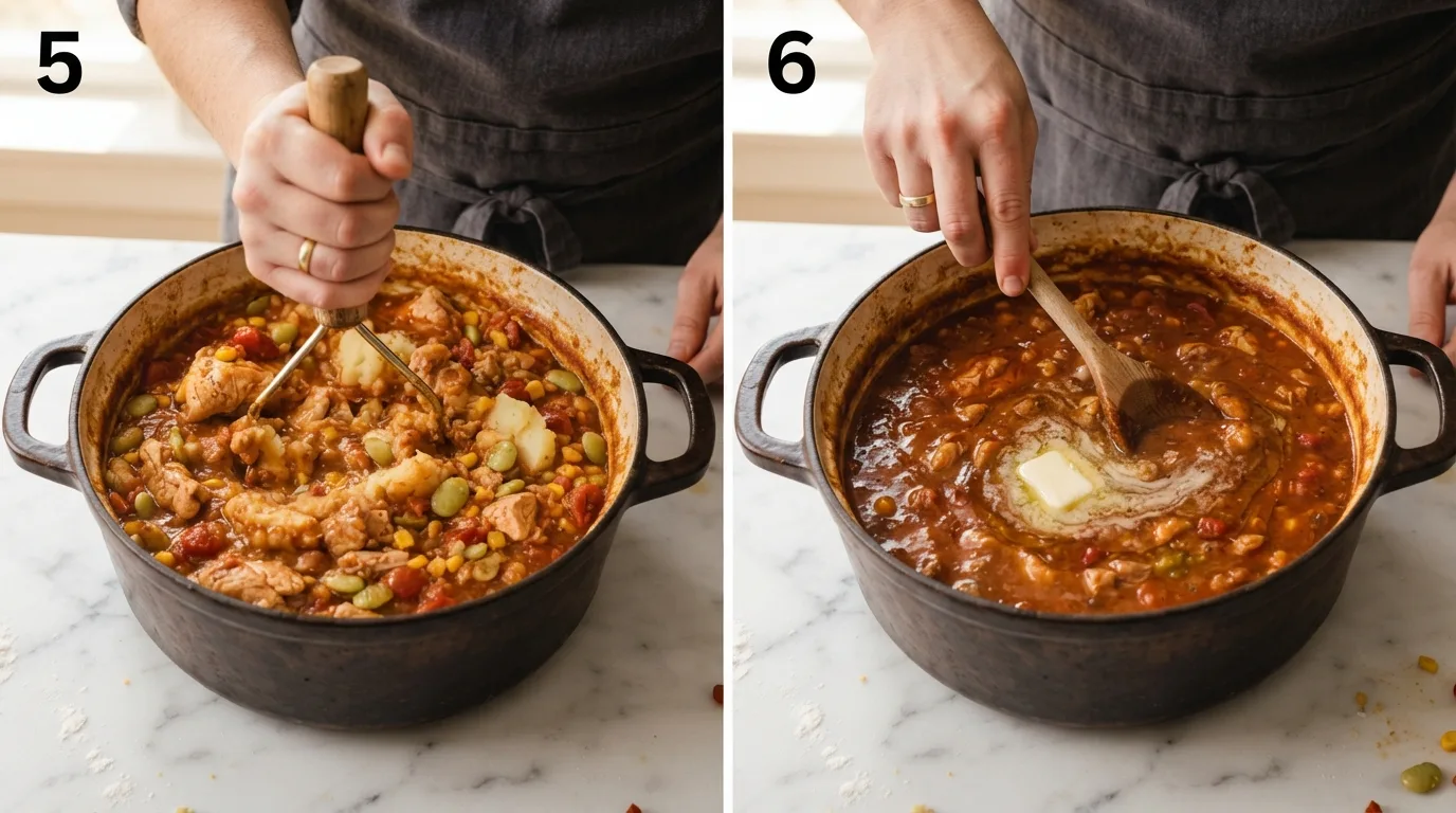 Mashing half the potatoes directly in the pot to thicken brunswick stew / Stirring a final pat of butter into finished brunswick stew