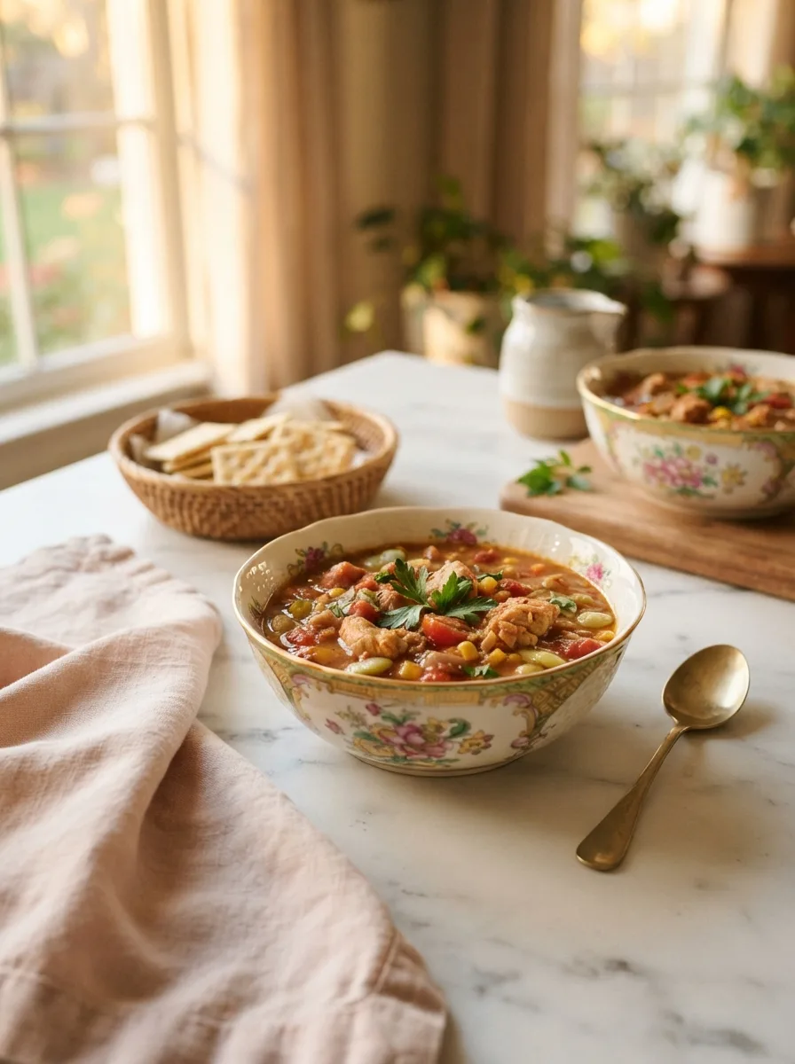 Bowl of smithfields brunswick stew served with saltine crackers at a set table