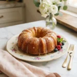 Golden sol agave butter cake with glossy glaze dripping down a Bundt ring on a floral plate