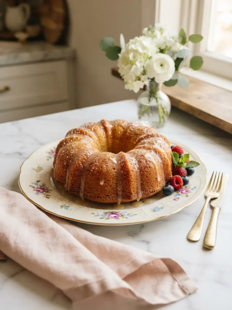 Golden sol agave butter cake with glossy glaze dripping down a Bundt ring on a floral plate