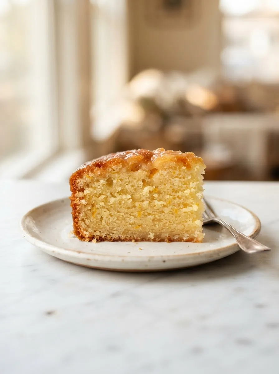 Sliced sol agave butter cake showing tender golden crumb flecked with orange zest