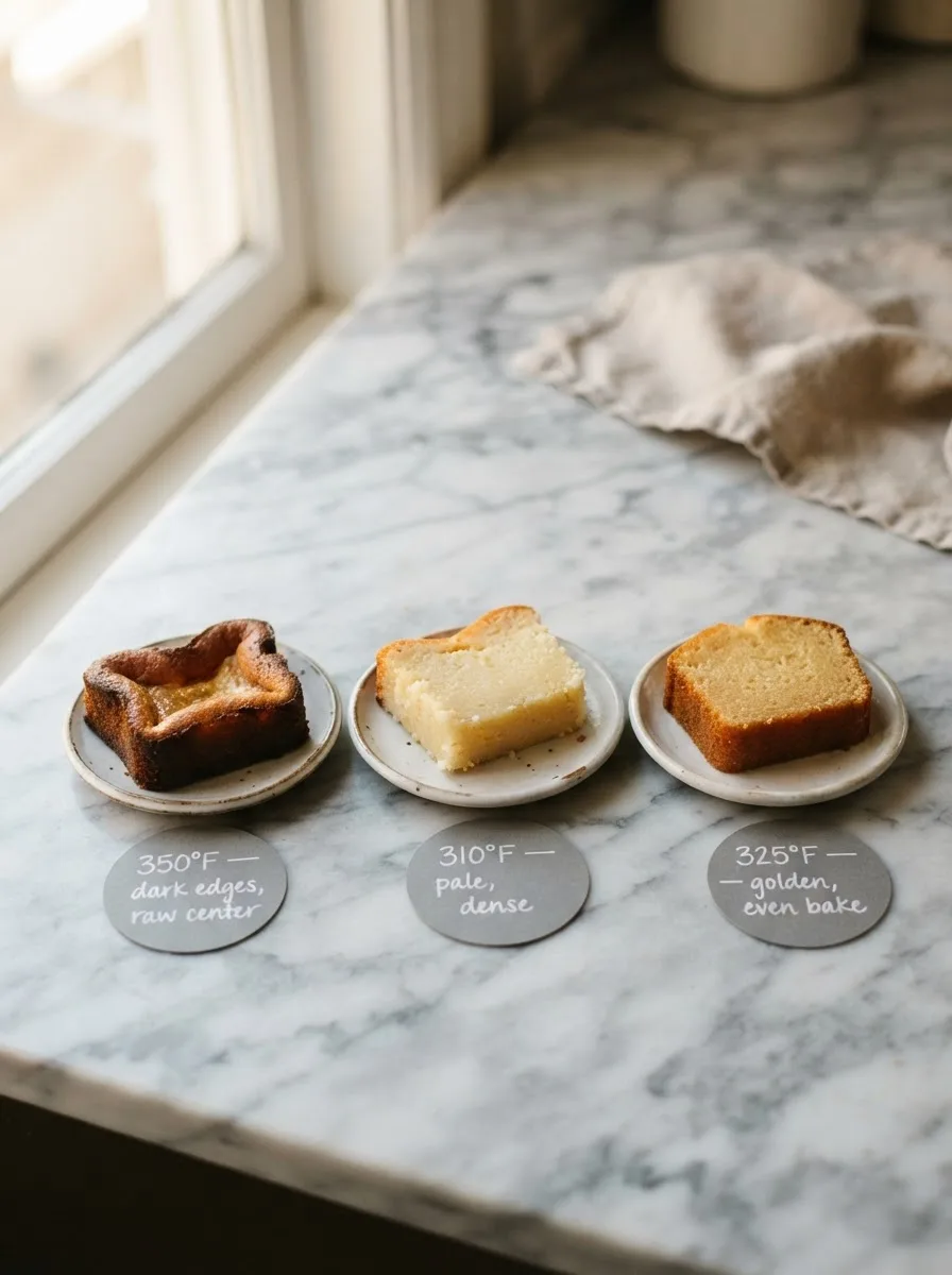 Three sol agave butter cake slices comparing bake temperatures at 350, 325, and 310 degrees