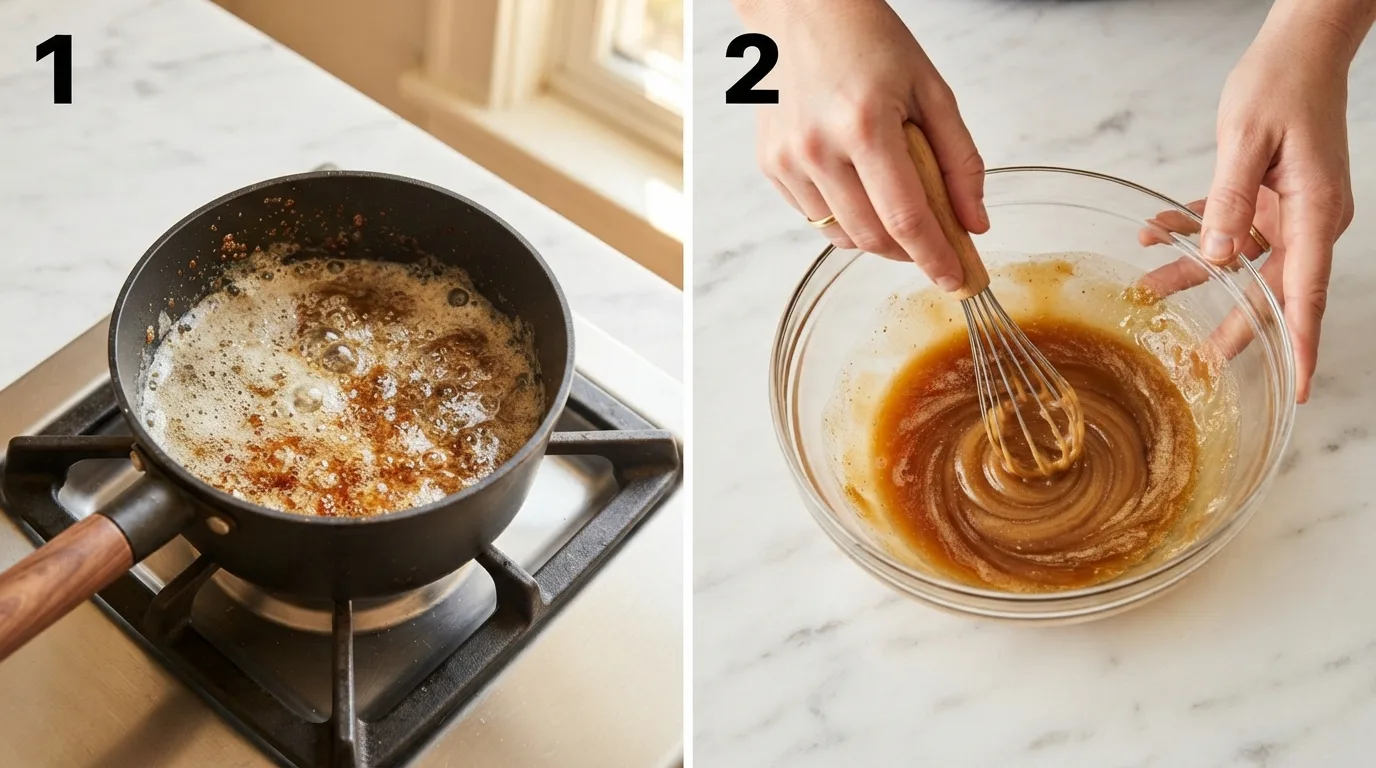 Butter browning in a saucepan with golden milk solids forming at the bottom / Whisking agave nectar and sugar into cooled brown butter in a glass bowl