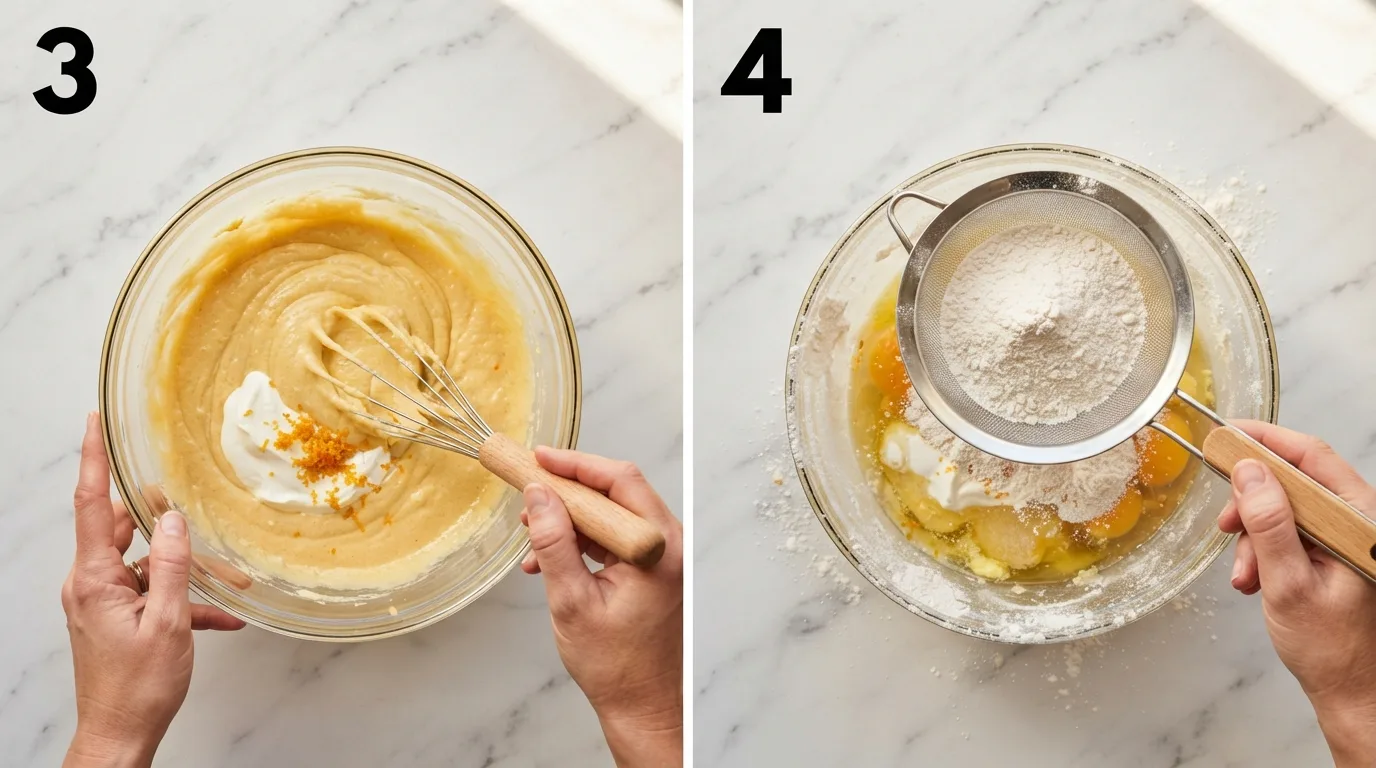 Whisking sour cream and orange zest into golden brown butter cake batter / Sifting flour and baking powder into wet sol agave butter cake batter
