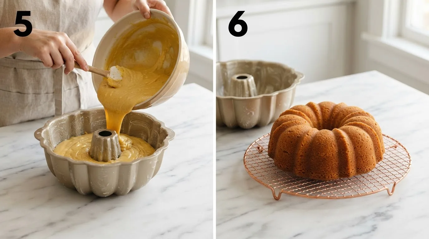 Pouring golden sol agave butter cake batter into a greased Bundt pan / Turning out a baked golden Bundt cake onto a copper wire cooling rack