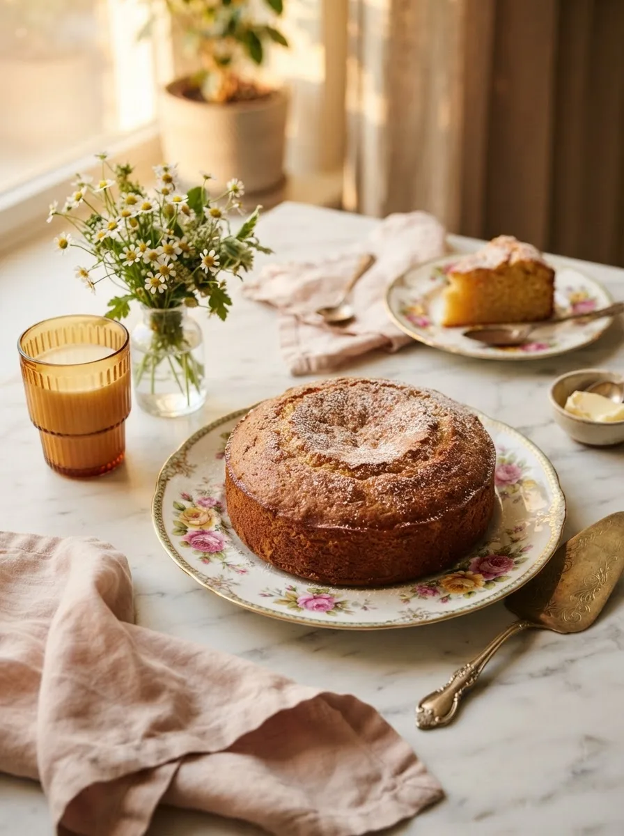 Sol agave butter cake slice served on a floral plate with milk and fresh flowers