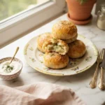 Golden sovitika poyivia recipe buns stacked on a floral plate with one torn open