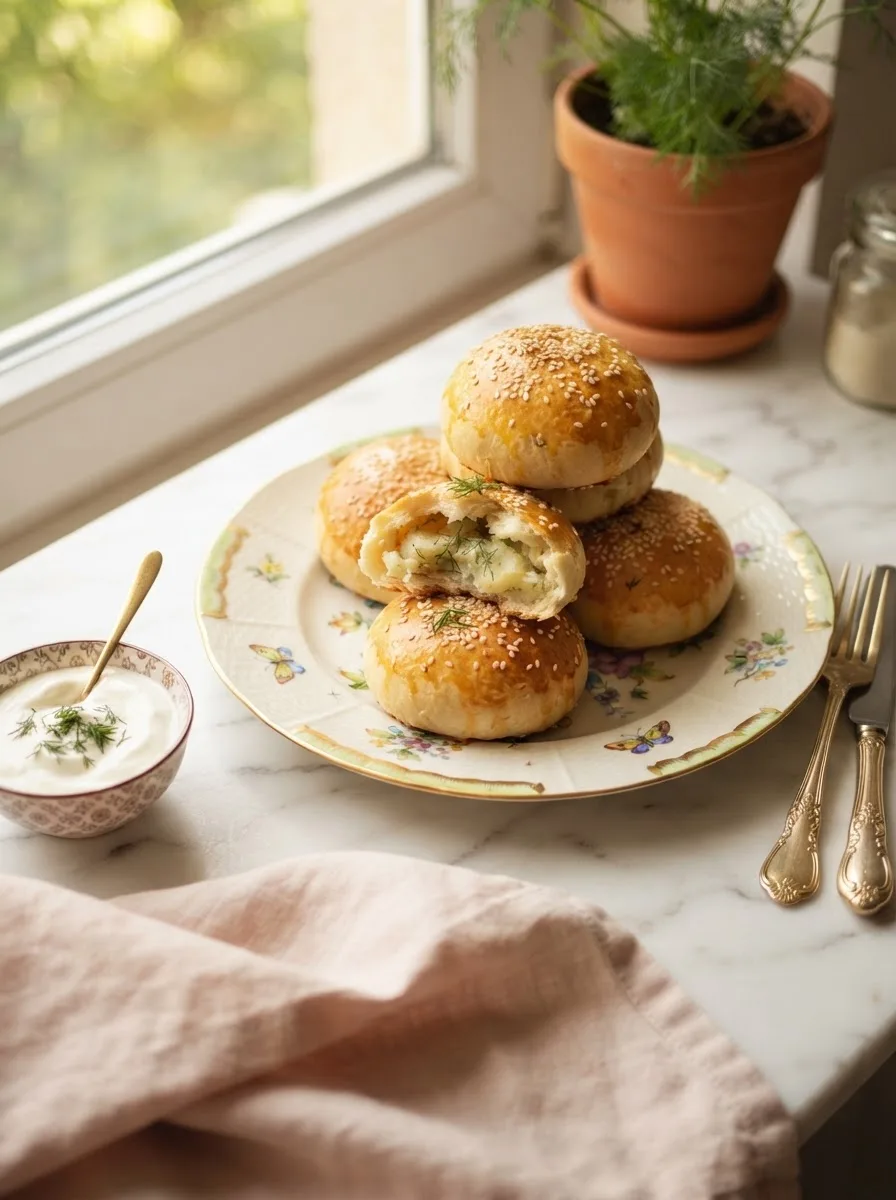 Golden sovitika poyivia recipe buns stacked on a floral plate with one torn open