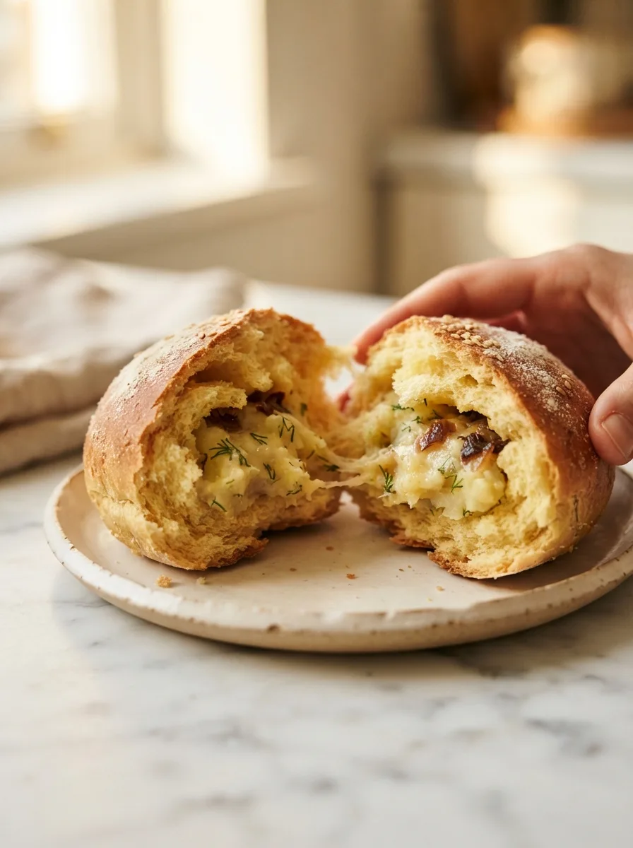 Sovitika poyivia bun torn open showing potato, cheese, and dill filling