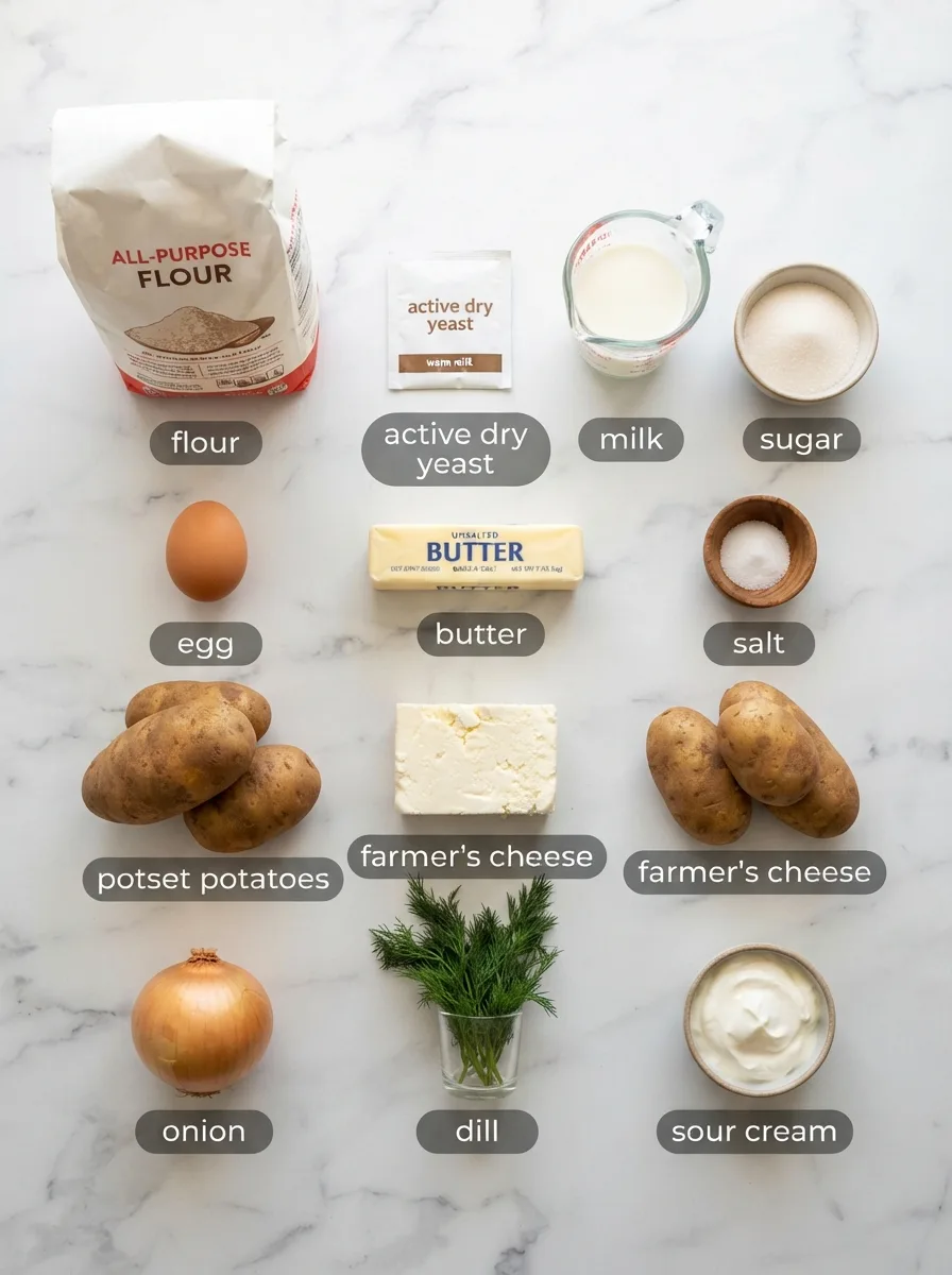 Ingredients for a sovitika poyivia recipe including potatoes, flour, and dill