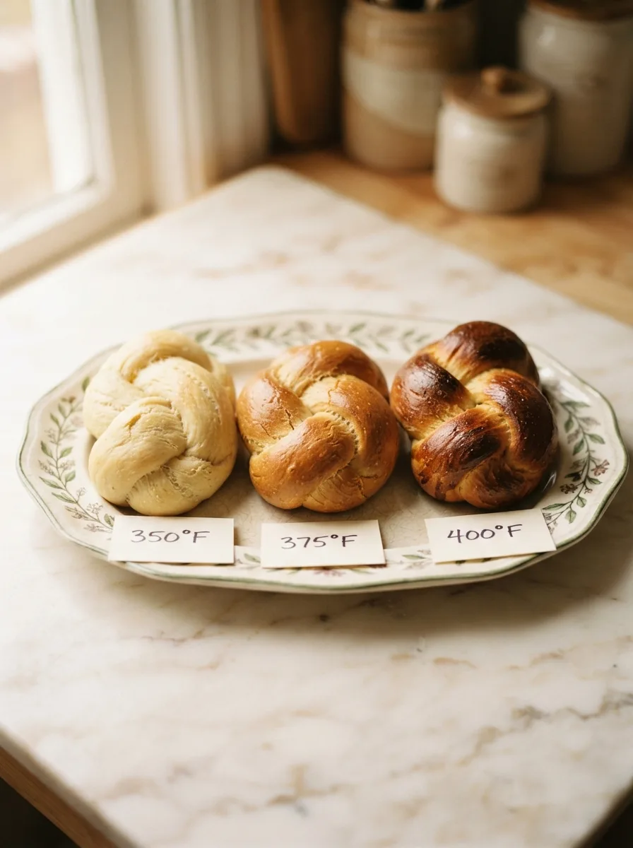 Sovitika poyivia buns baked at 350, 375, and 400 degrees compared side by side